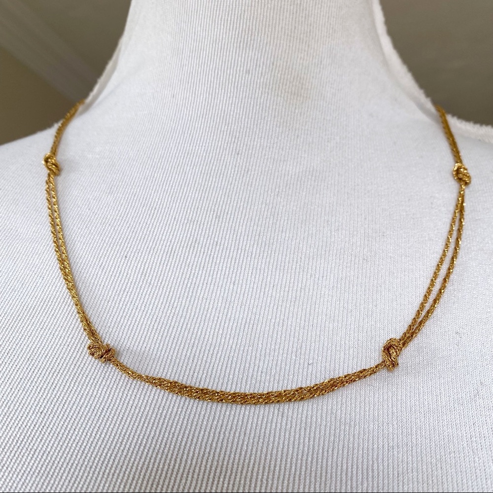 Vintage Monet Knotted Station Necklace Two Strand Gold Tone Chain 24"